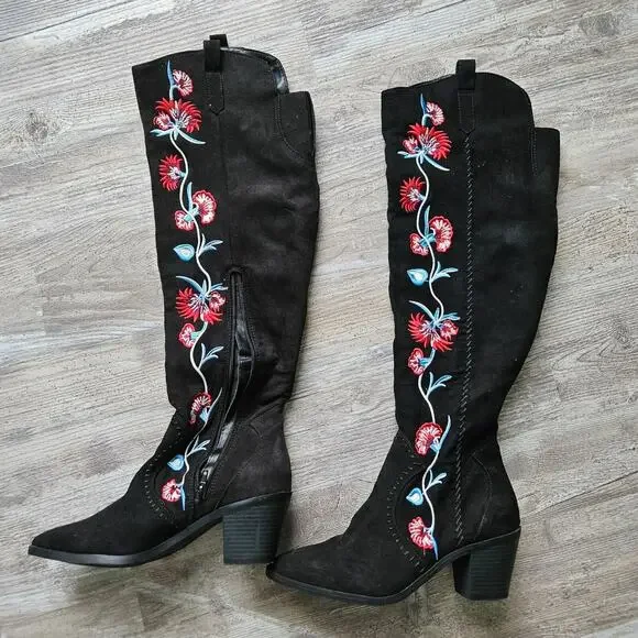 Carlos by Carlos Santana Black Over the Knee Boots with Red Floral Embroidery - Picture 10 of 15